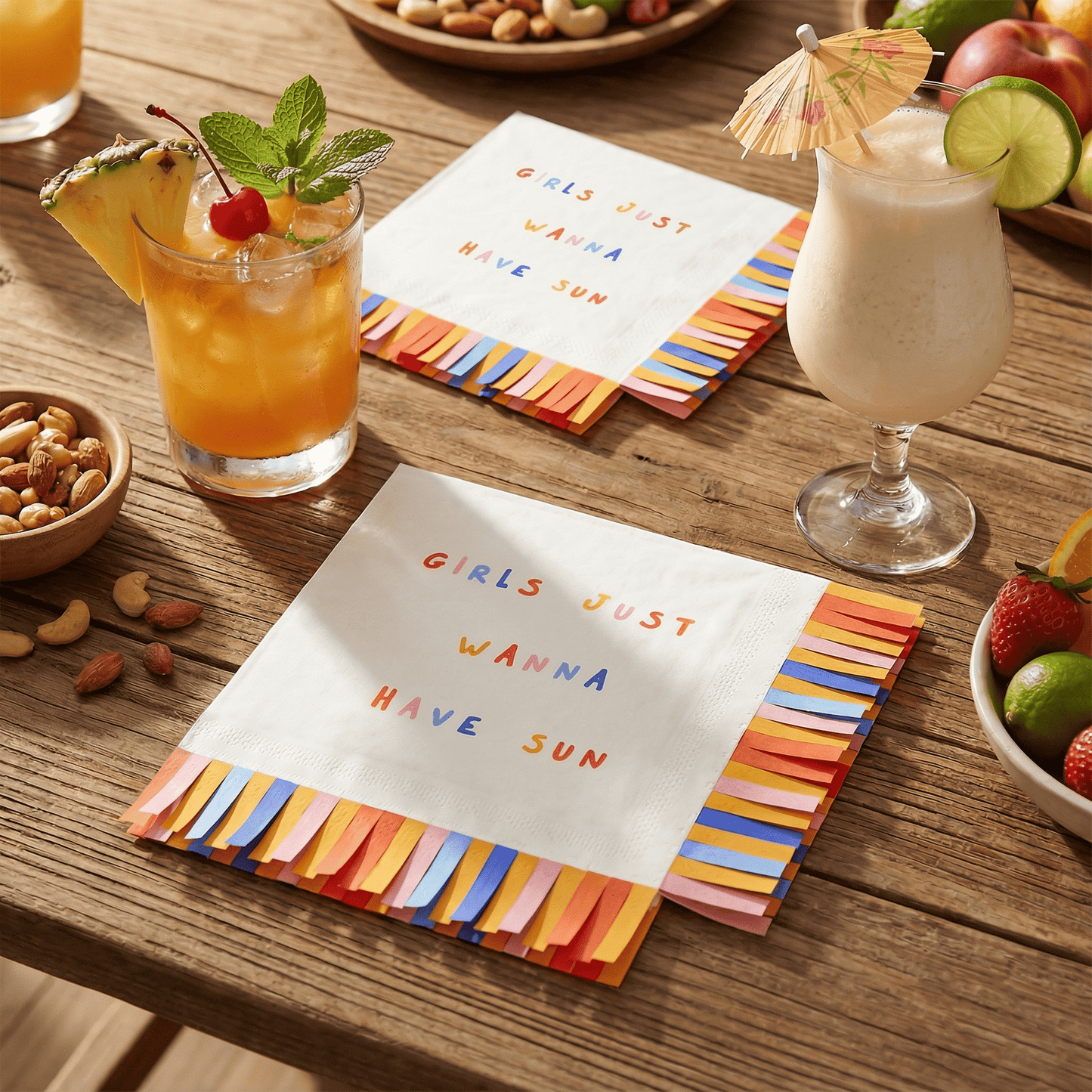 Girls Just Wanna Have Sun Fringe Beverage Napkins | Party Cocktail Paper Napkin | 5"