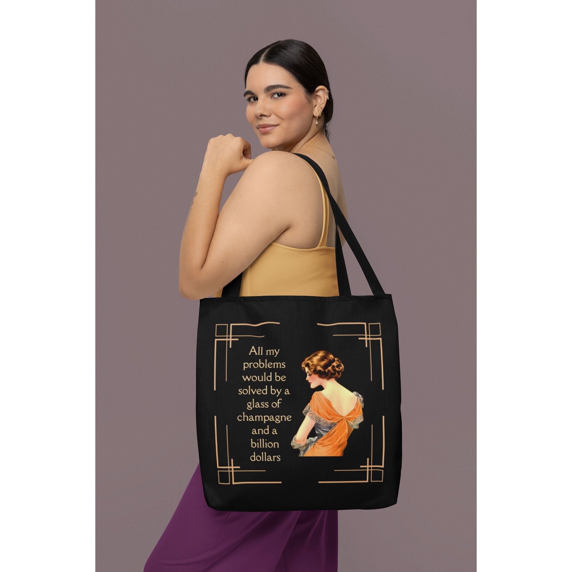Glass of Champagne and a Billion Dollars Tote Bag in Art Deco Black | 16" x 16"