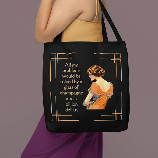 Glass of Champagne and a Billion Dollars Tote Bag in Art Deco Black | 16" x 16"
