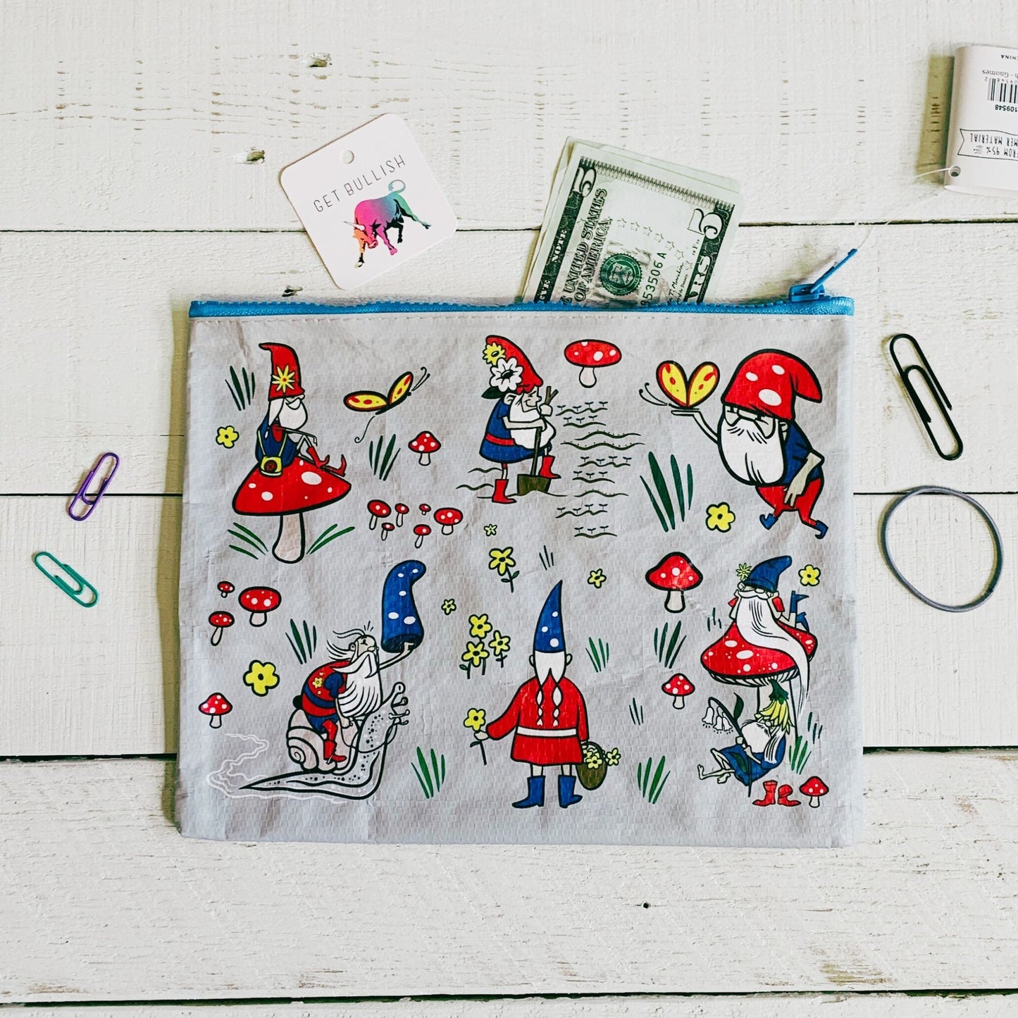 Gnomes Recycled Material Cute/Cool/Unique Zipper Pouch/Bag/Clutch/Cosmetic Bag | 9.5" x 7"