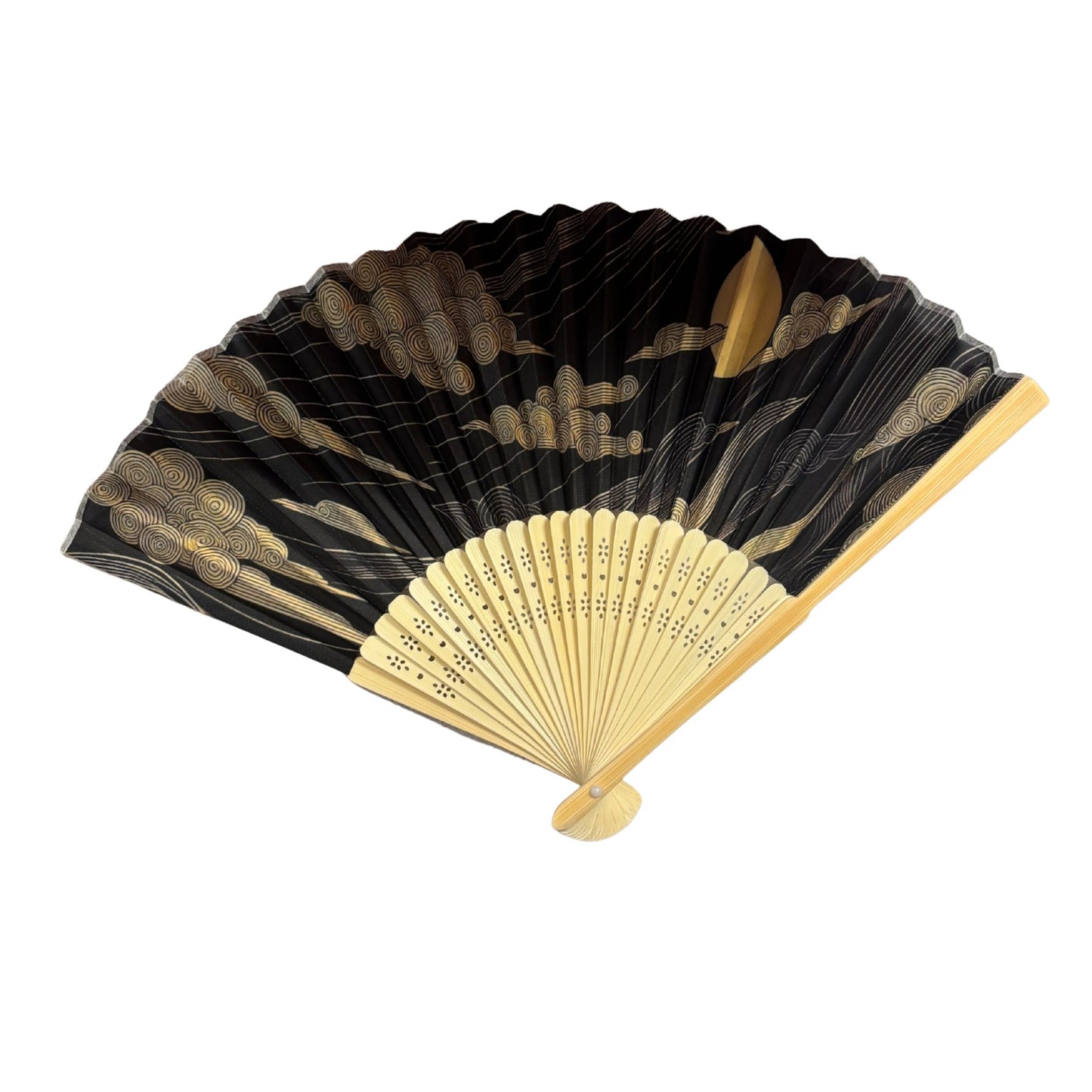 Golden Moon Design Paper Folding Fan | Elegant Handheld Fan with Wooden Frame | 10"