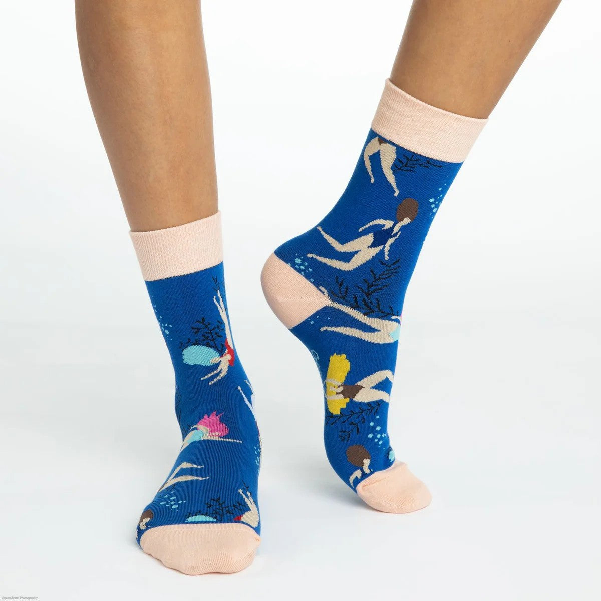 Good Luck Swimming Women's Socks | Blue Cartoon Swimmer Pattern Crew Socks