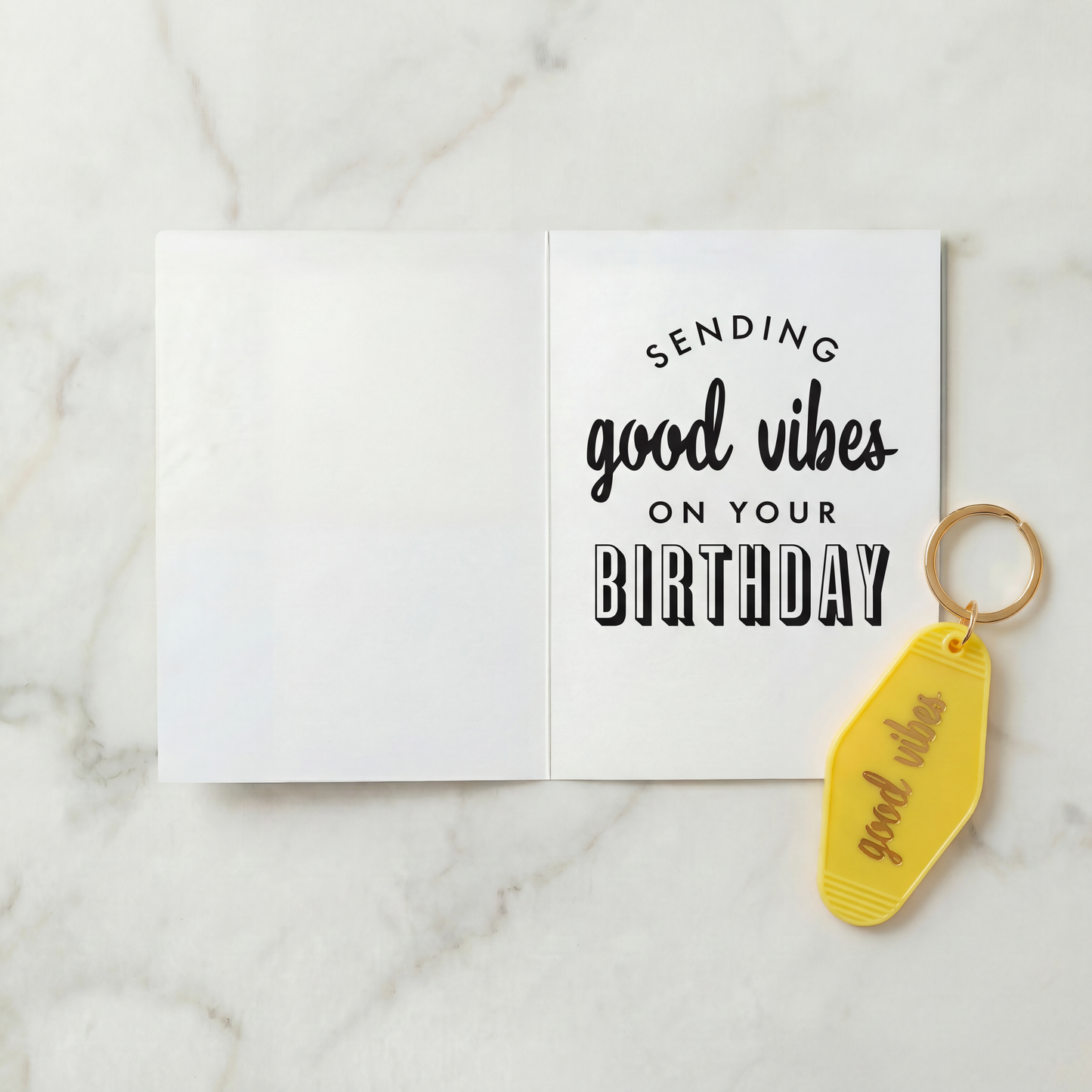 Good Vibes Motel Style Keychain with "Good Vibes on Your Birthday" Greeting Card | Gift for Her