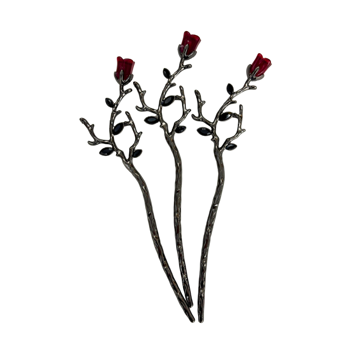 Gothic Rose Hair Stick | Dark Metal Bun Pin with Red Rose & Black Gems