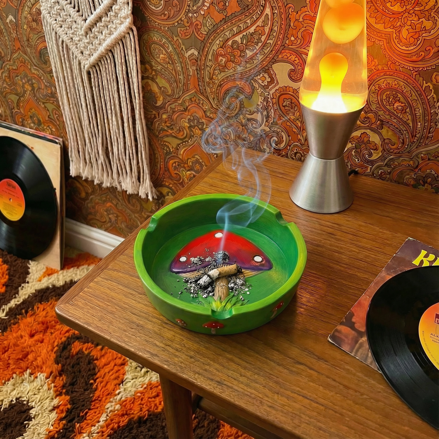 Groovy Mushroom Ashtray in Bright Green and Red | Hand Painted Round Resin Ash Bin | 4.5"