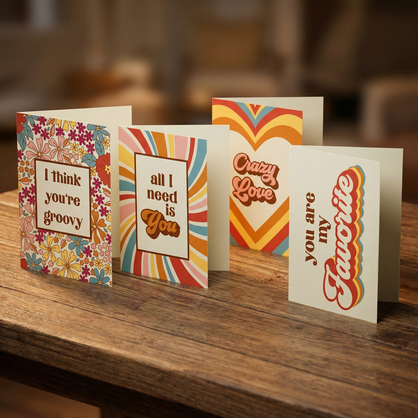 Groovy Note Card Set | Retro Love-Themed Designs 8 Cards
