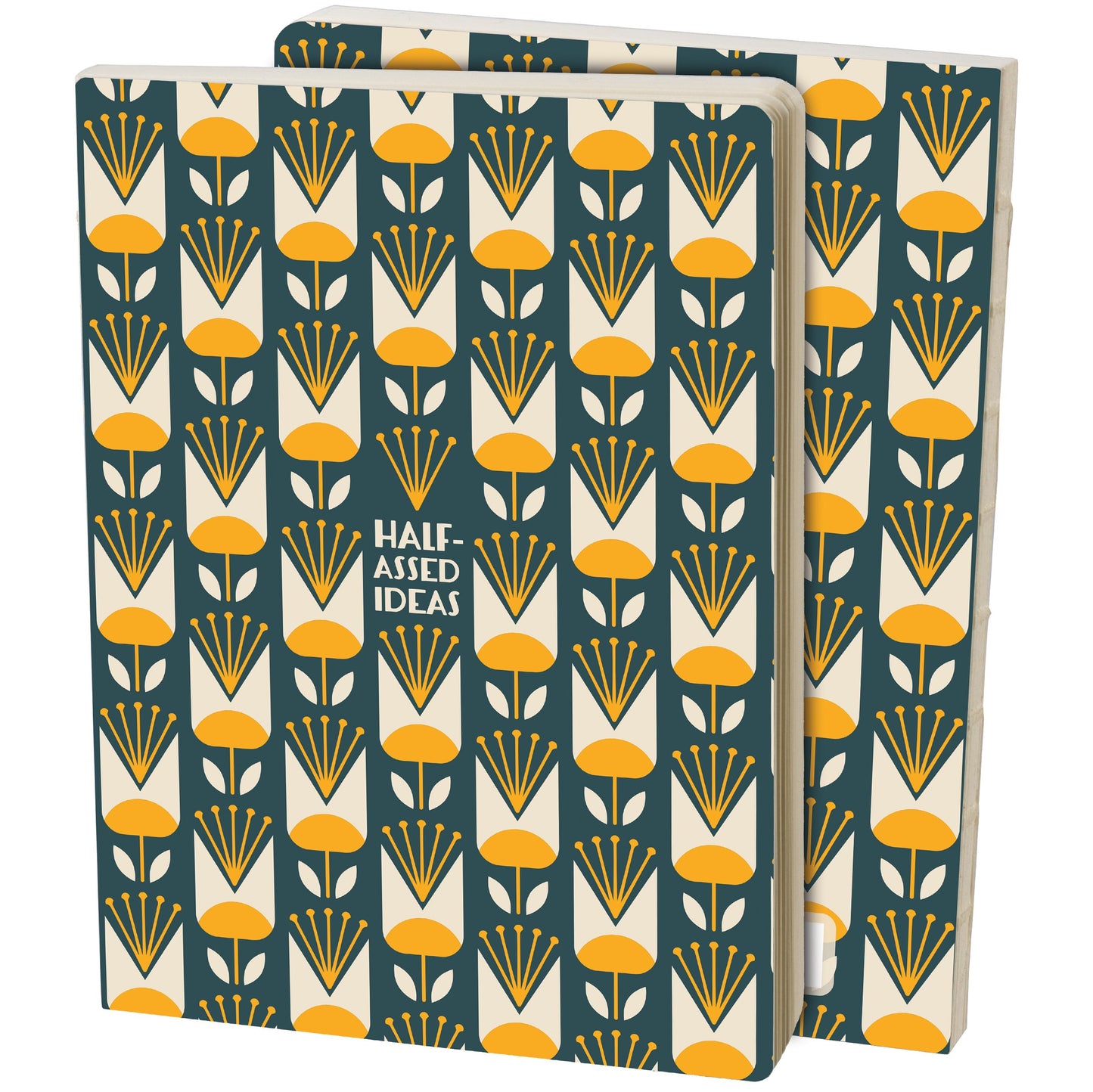 Front and back part of a notebook with a floral pattern and text 'Half Assed Ideas' on a white background