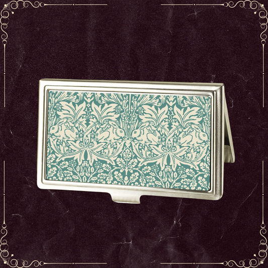 Handmade William Morris Rabbit Business Card Case in Teal and Cream