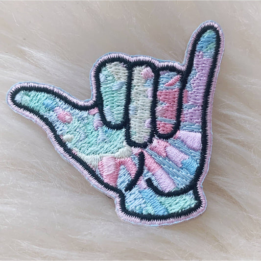 Hang Loose Hand Tie Dye Patch | Embroidered Cool Greeting Good Vibes Hand Sign