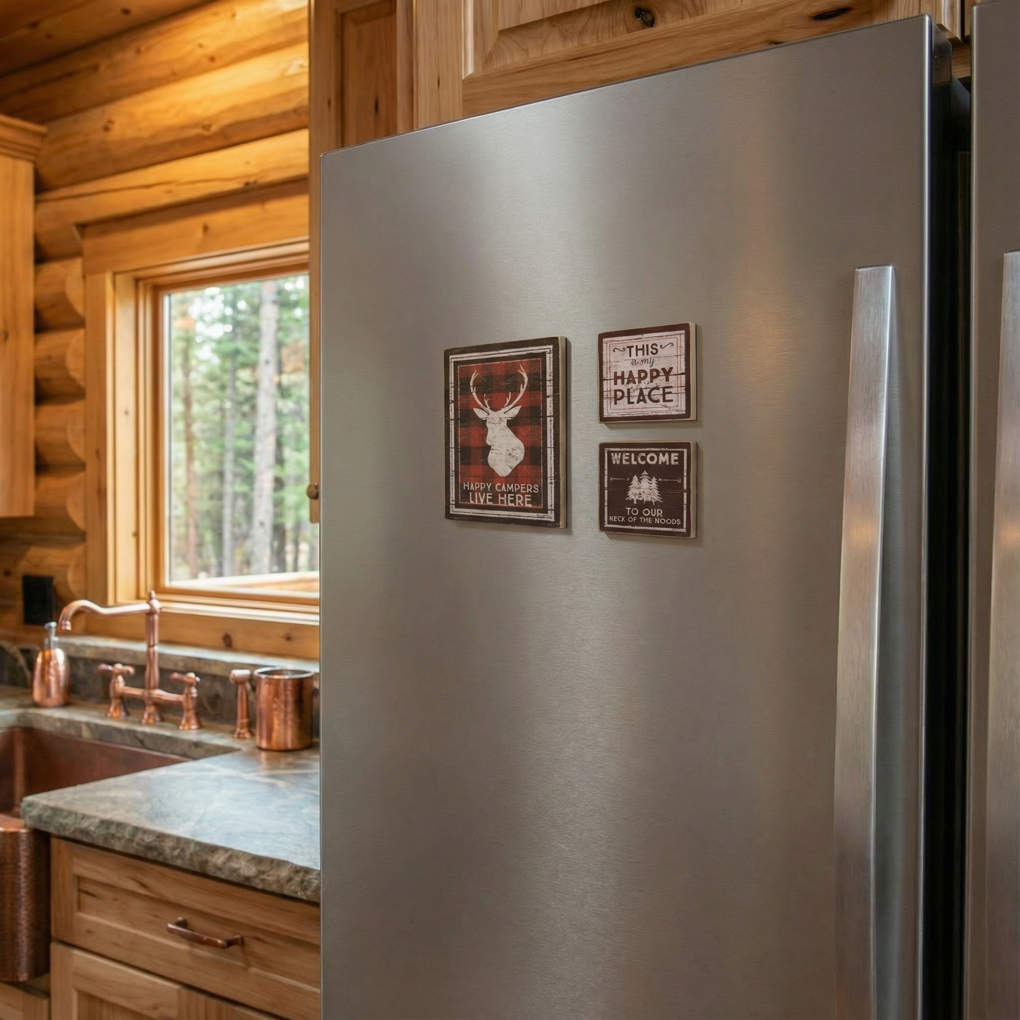 Happy Campers Live Here Magnet Set | 3 Woodsy Outdoors-Themed Magnets on a Metal Gift Backing