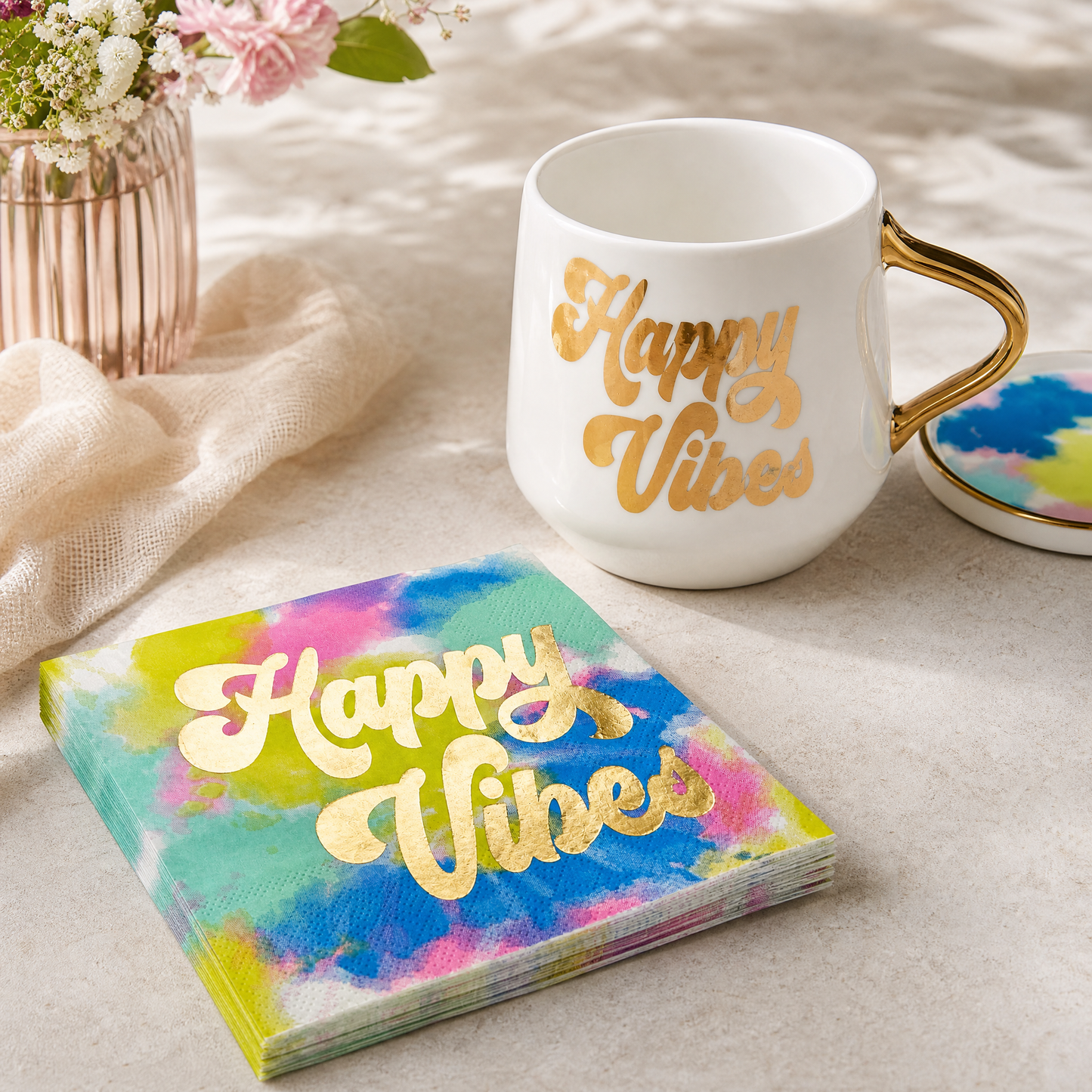 Happy Vibes Coaster Mug and Cocktail Napkin Bundle | Giftable Drinkware Set-Slant-The Bullish Store
