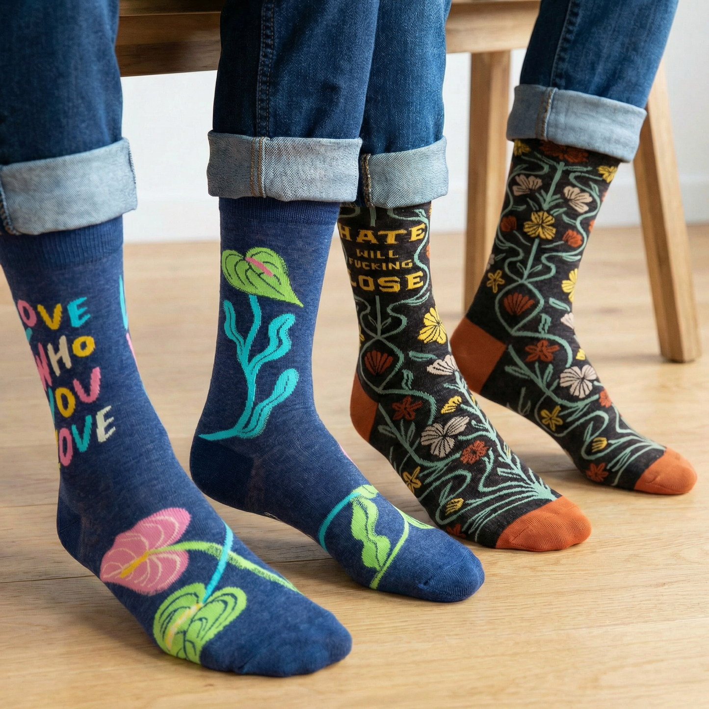 Two pairs of feet wearing colorful socks with text and designs on a wooden floor.