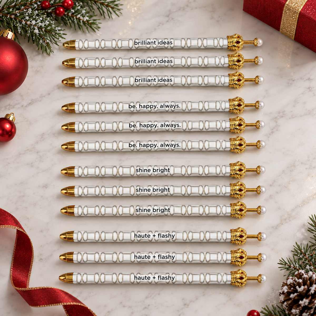 Haute & Flashy Silver Pattern Crown Pen Set of 12 | Giftable Quote Pens-Santa Barbara Design Studio-The Bullish Store