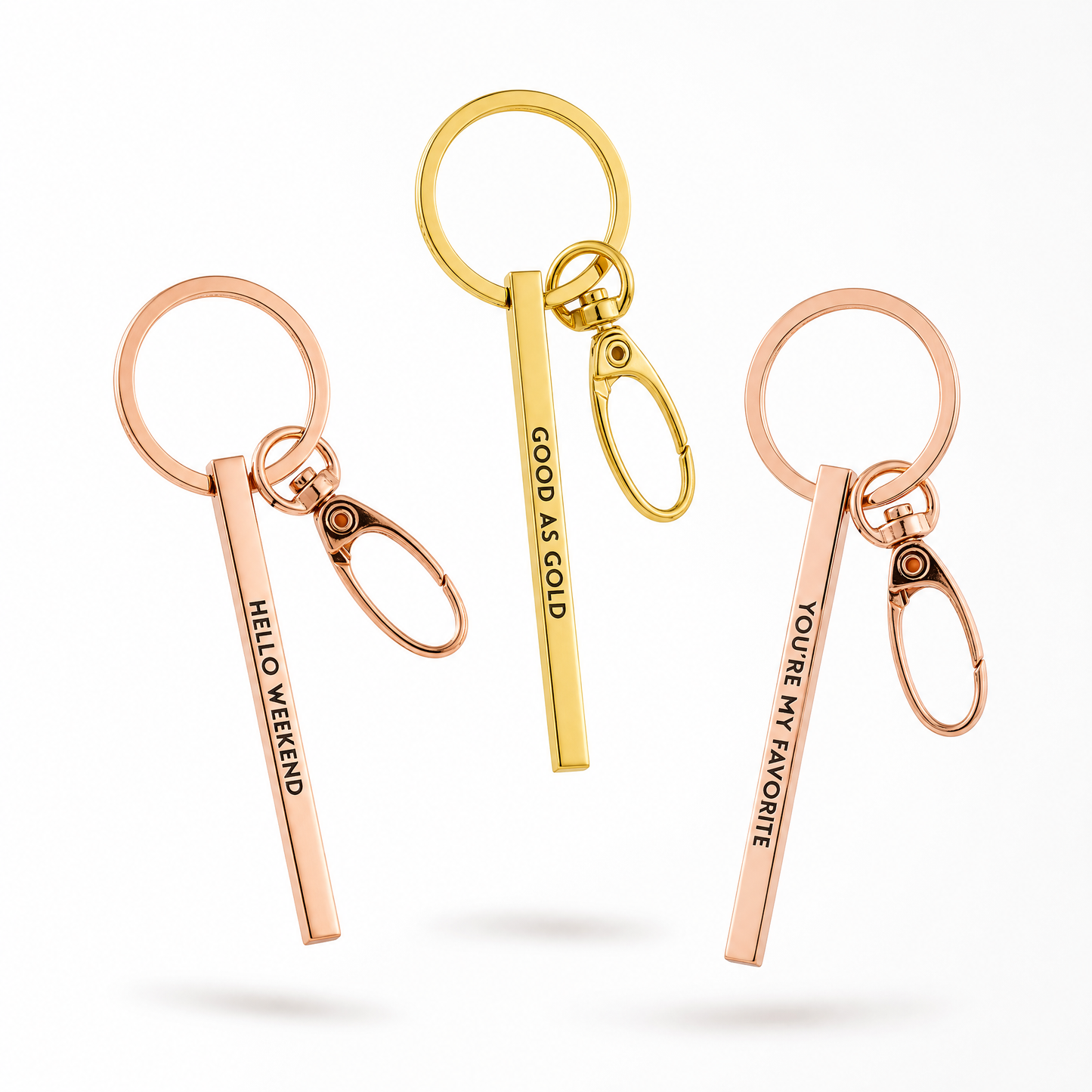 Good As Gold Stamped Bar Keychain in Gold | Minimalist Metal Quote Keychain