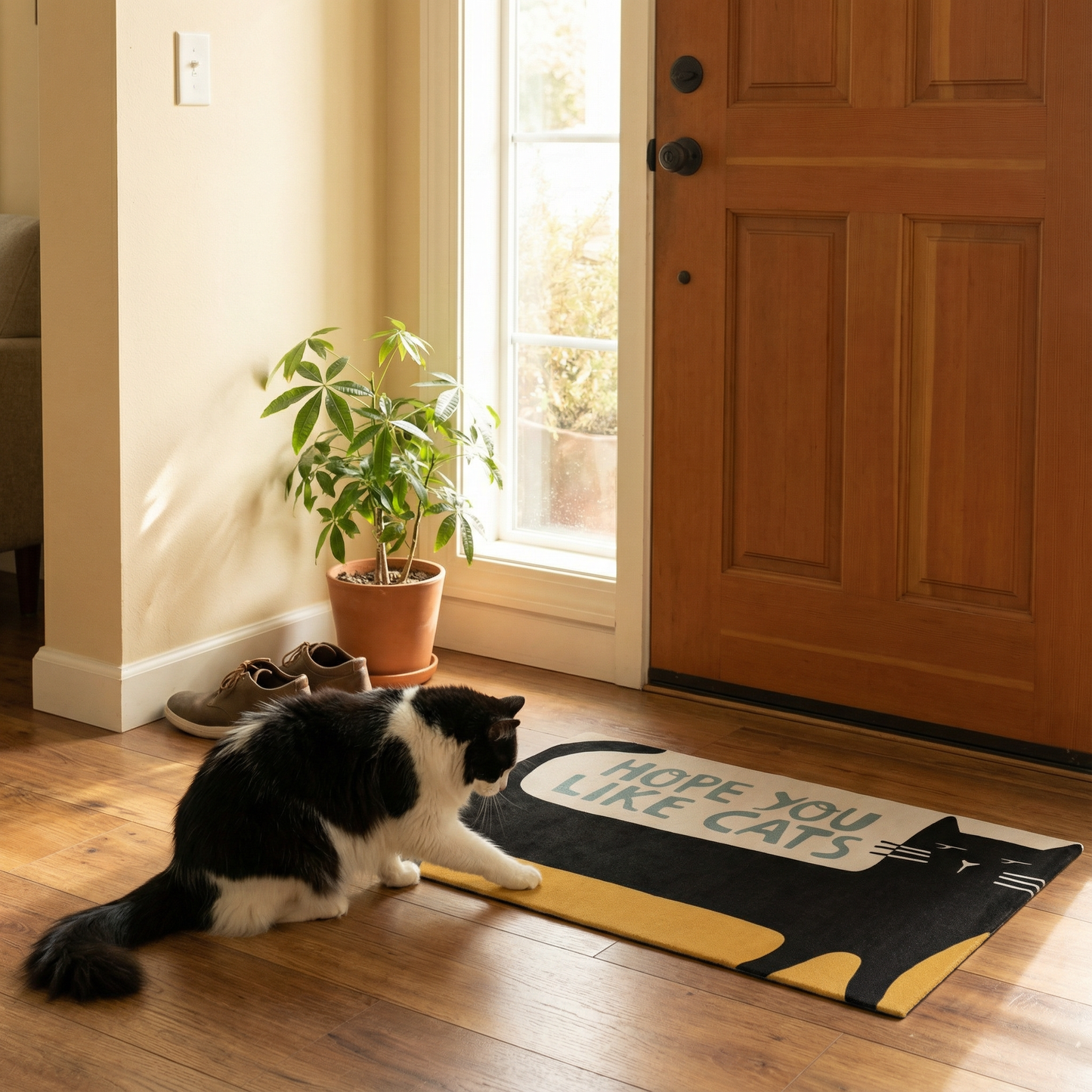 Cat sitting on a doormat with a humorous message at the entrance of a home.