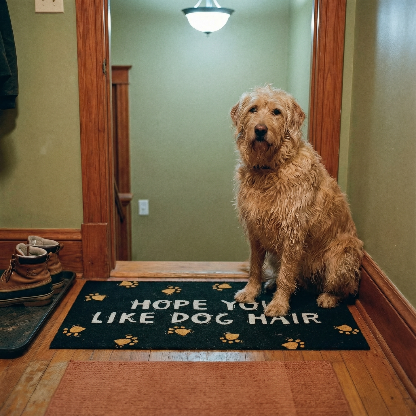 Dog sitting on a doormat with text in a home setting
