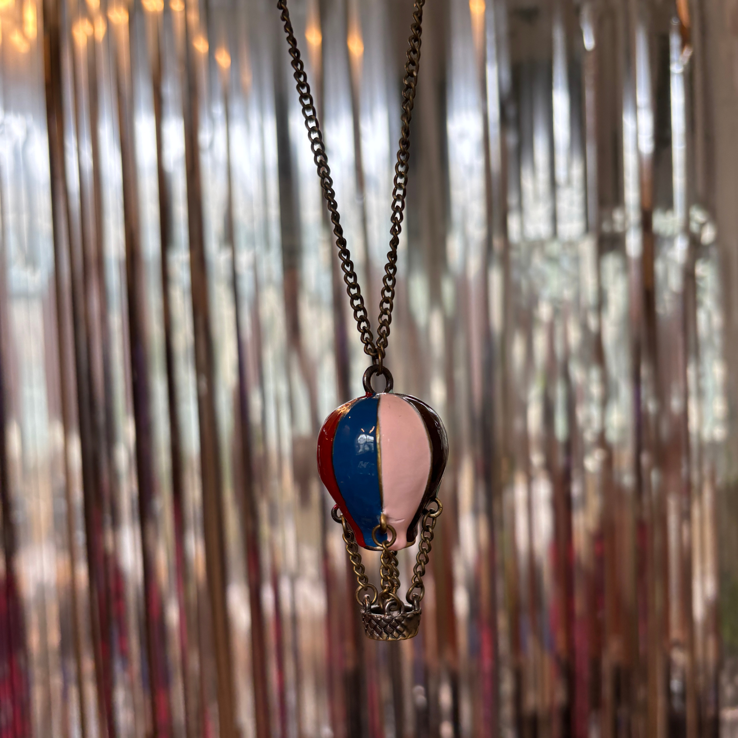 Hot Air Balloon Necklace | Rainbow Enamel Balloon with Bronze Chains & Basket