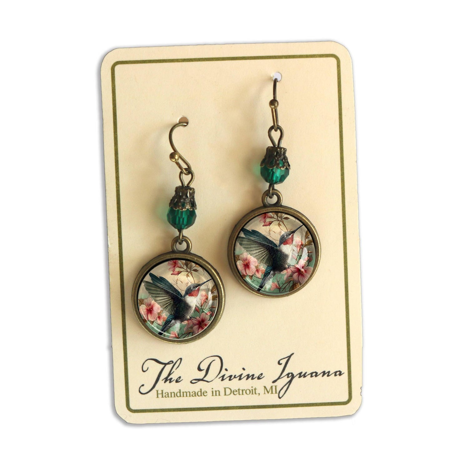 Hummingbird Art Nouveau Glass Cabochon Earrings | Antique Bronze Floral Dangle Jewelry