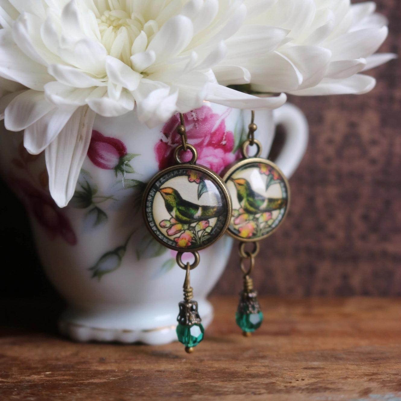Hummingbird Inspired Vintage Glass Cabochon Earrings | Handmade in the US