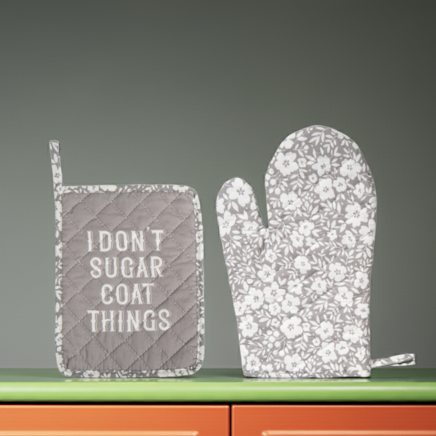 I Don't Sugar Coat Things Pot Holder & Oven Mitt Set | Floral Oven Gloves Potholders for Kitchen