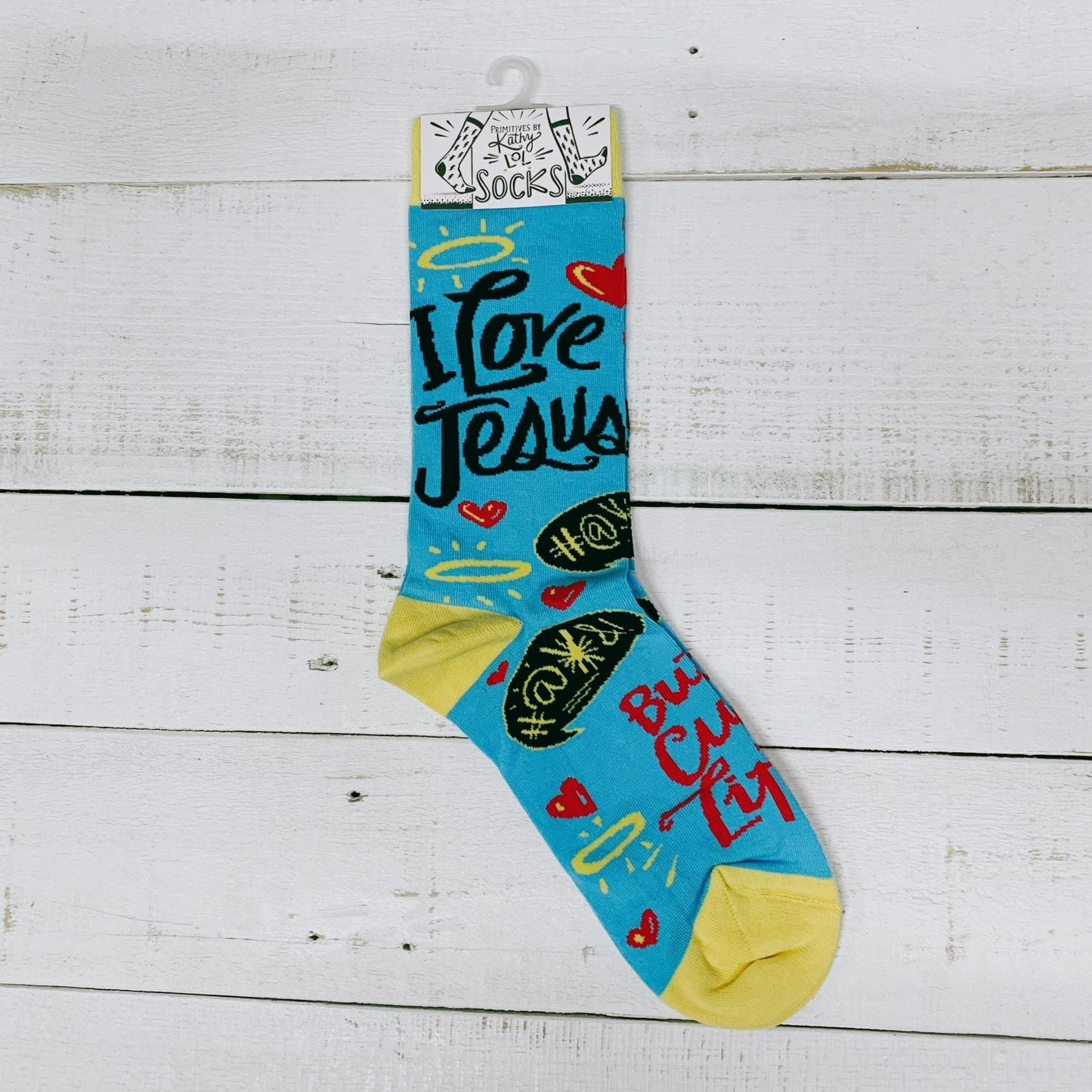 I Love Jesus But I Cuss a Little Crew Socks in Blue and Yellow