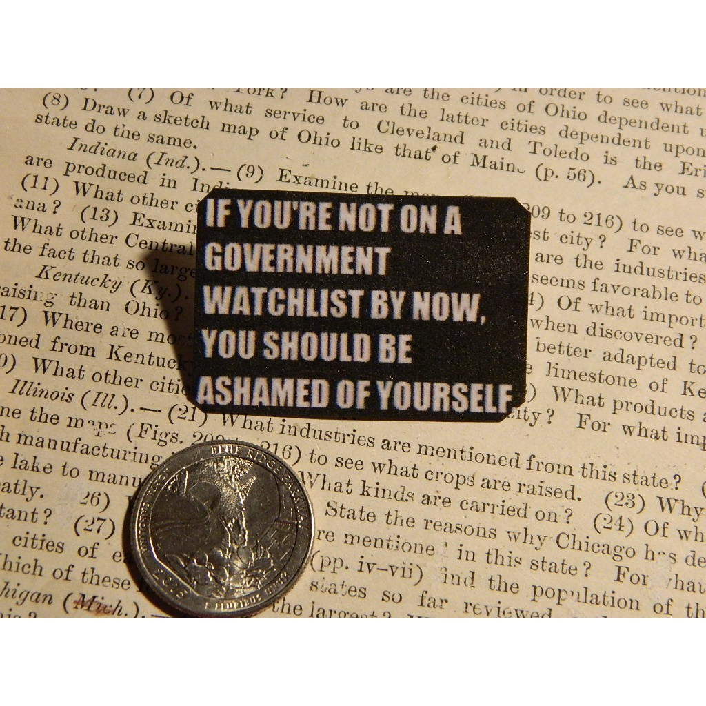 If You're Not on a Government Watchlist by Now Handmade Tin Pin in Black and White