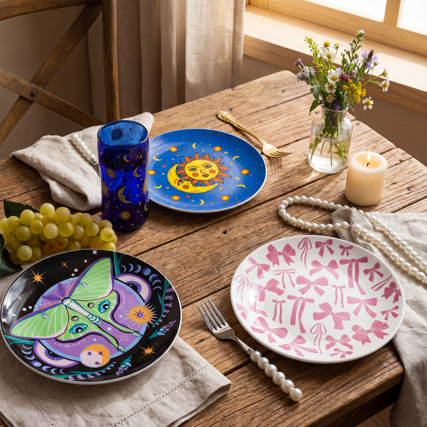 Luna Moth Dinner Plate | Moon Halloween Ceramic Dish Tableware | 9"'