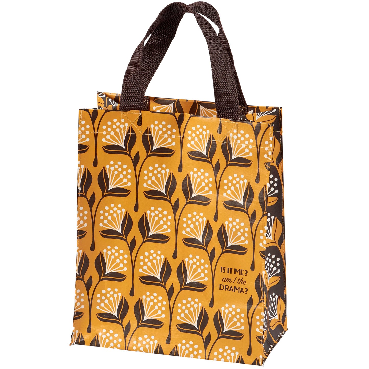 Tote bag with floral pattern and text on a white background