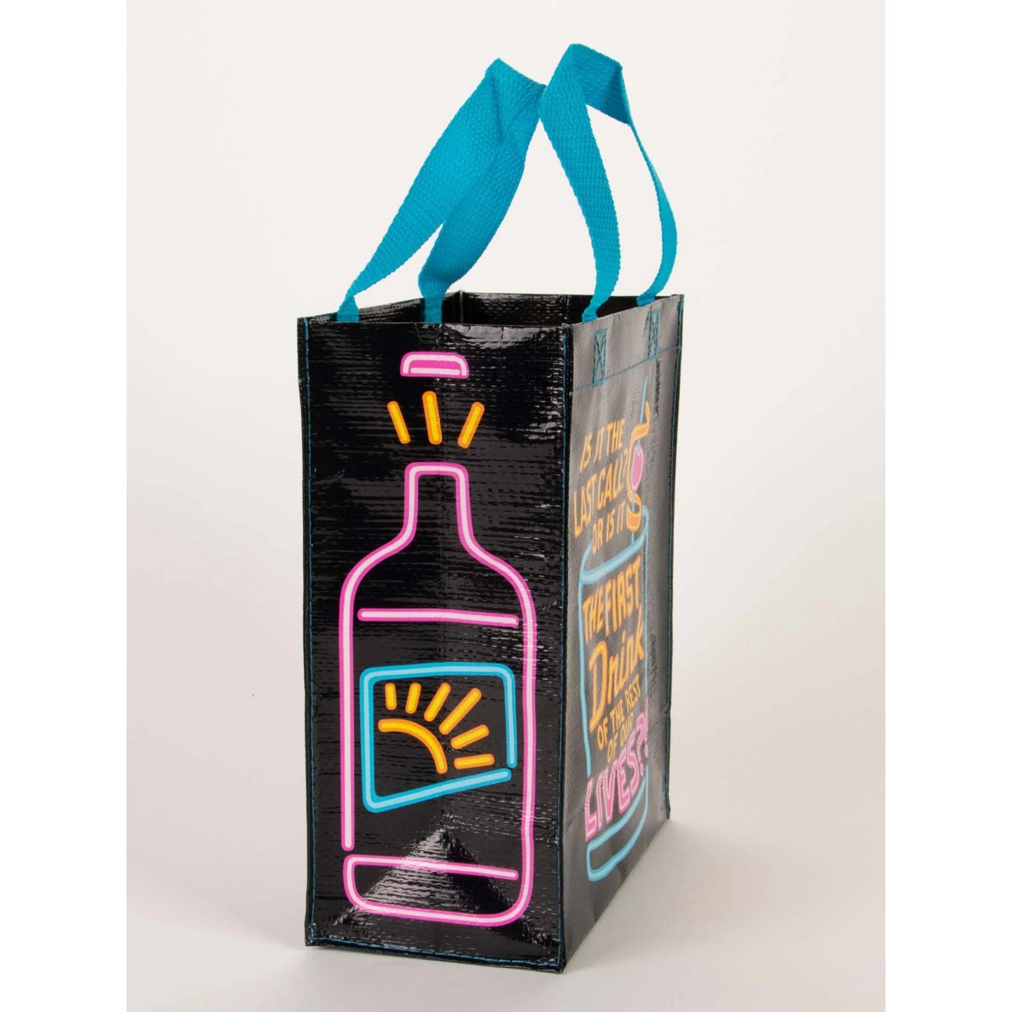 Black tote bag with neon-style bottle graphic and text