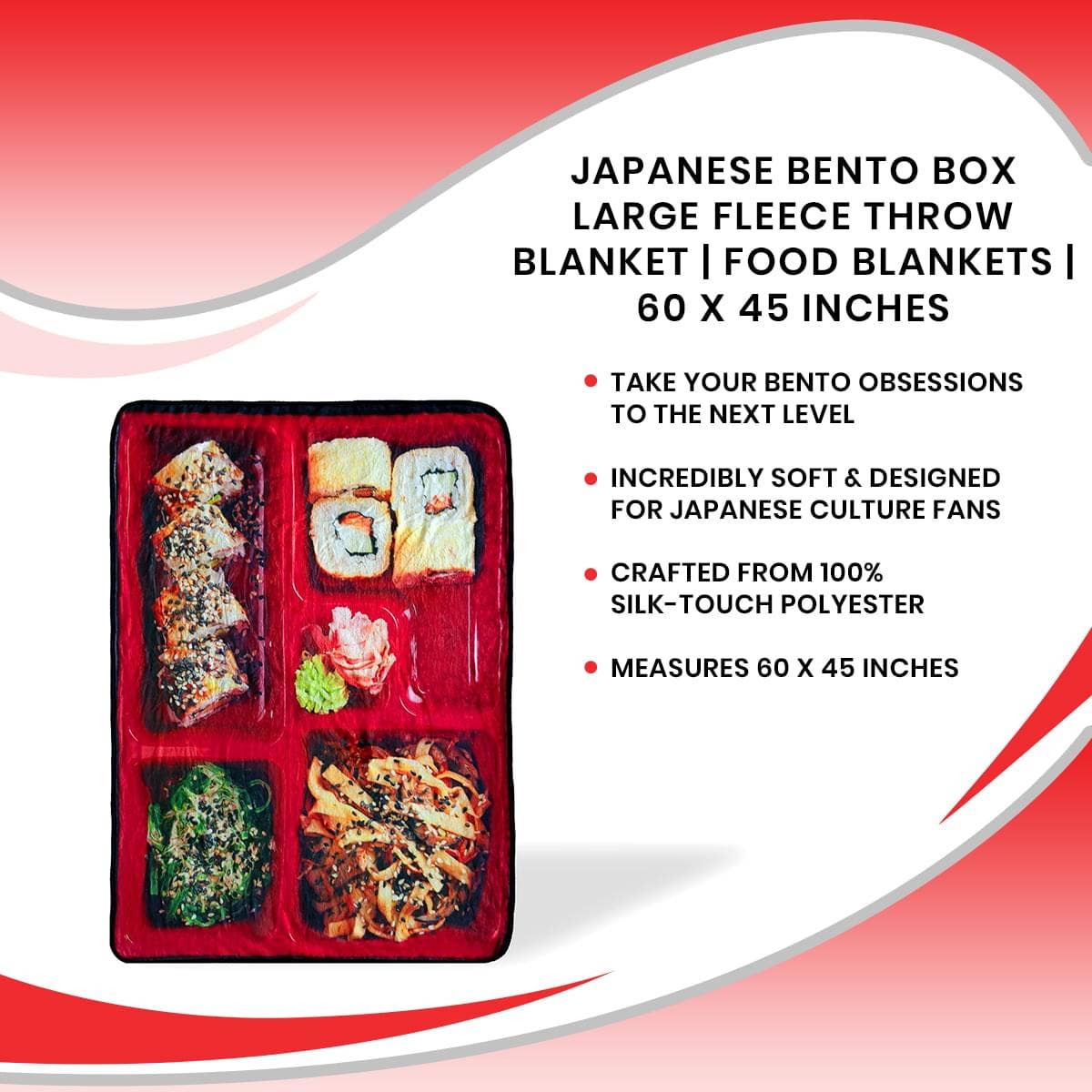 Japanese Bento Box Large Fleece Throw Blanket | Food Blankets | 60" x 45"