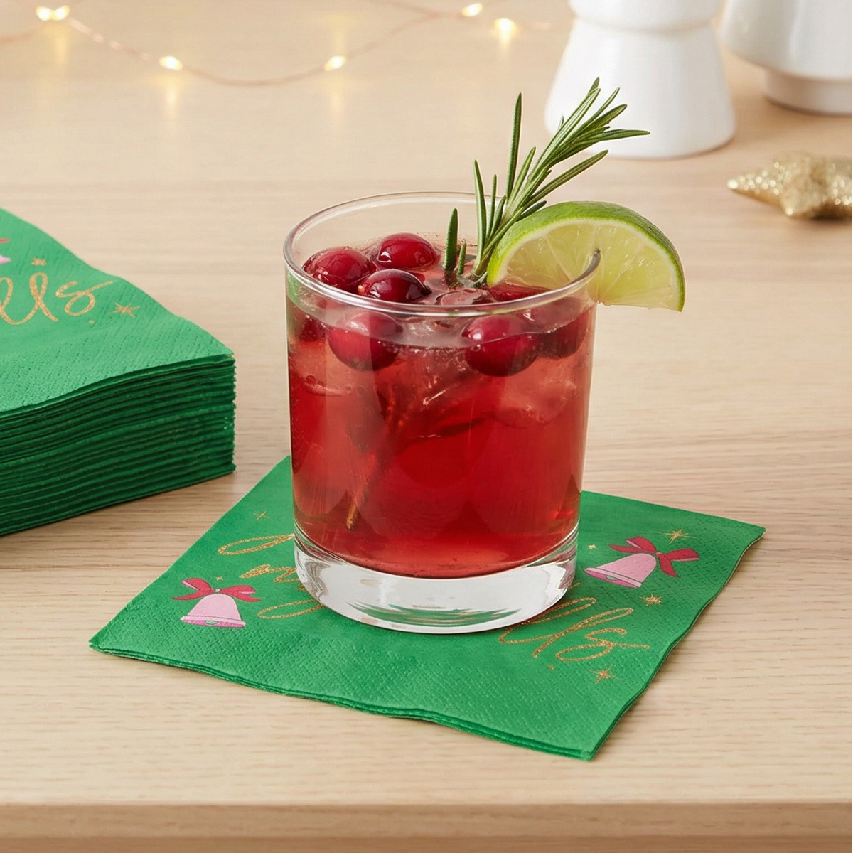 Jingle My Bells Christmas Beverage Napkins in Green | Cocktail Beverage Holiday Napkin | 5" Square