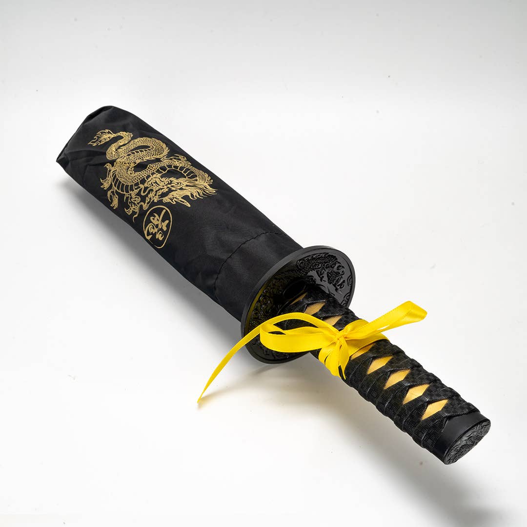 Katana Handle Dragon Umbrella | Samurai-Inspired Nylon Umbrella with Gold Dragon Design