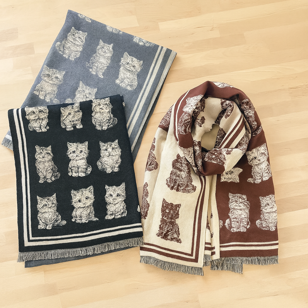 Kitten Print Cashmere Wrap Scarf | Reversible Cat Scarf with Fringe | Black Grey Red