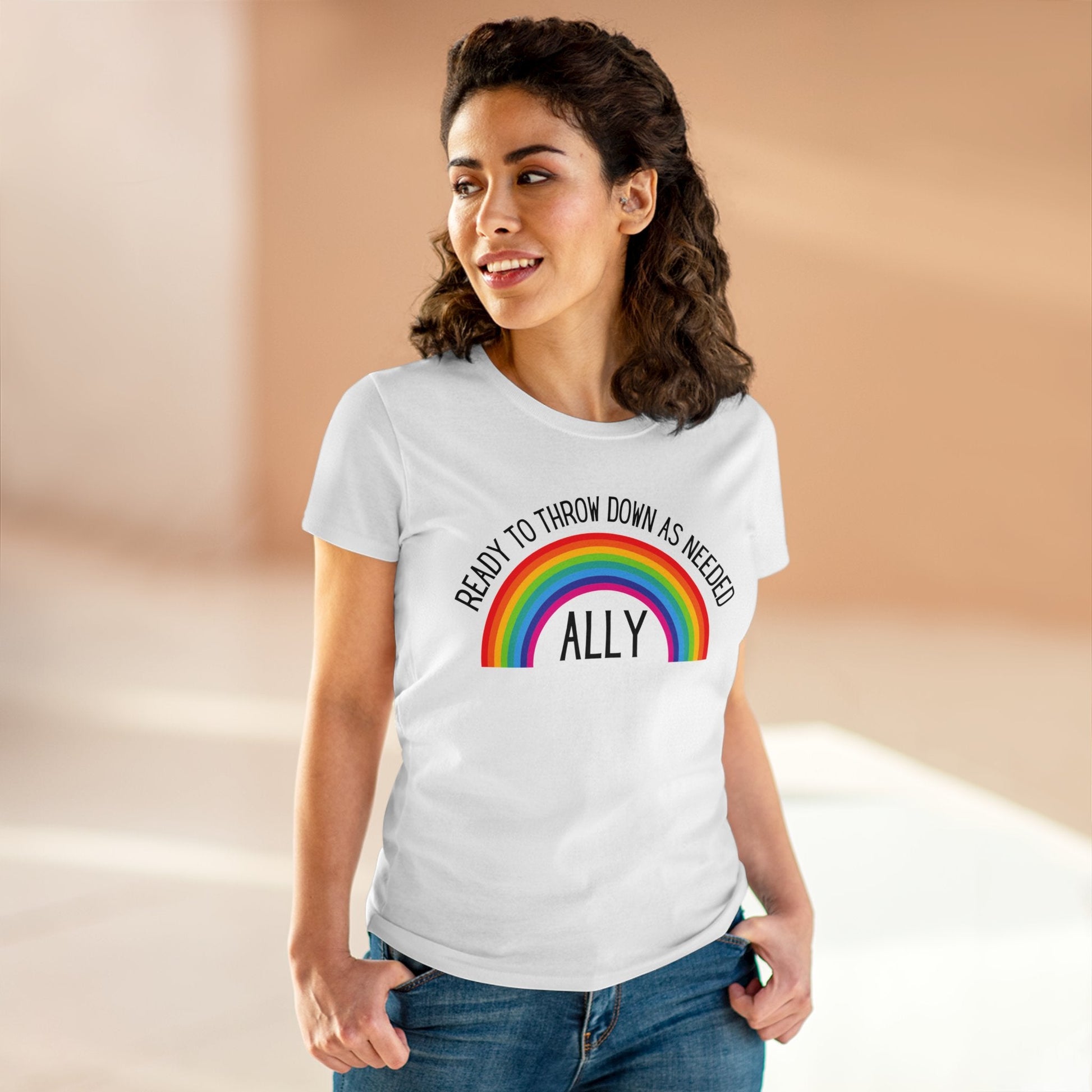 LGBTQ Ally Ready To Throw Down Rainbow Women's Midweight Cotton Tee