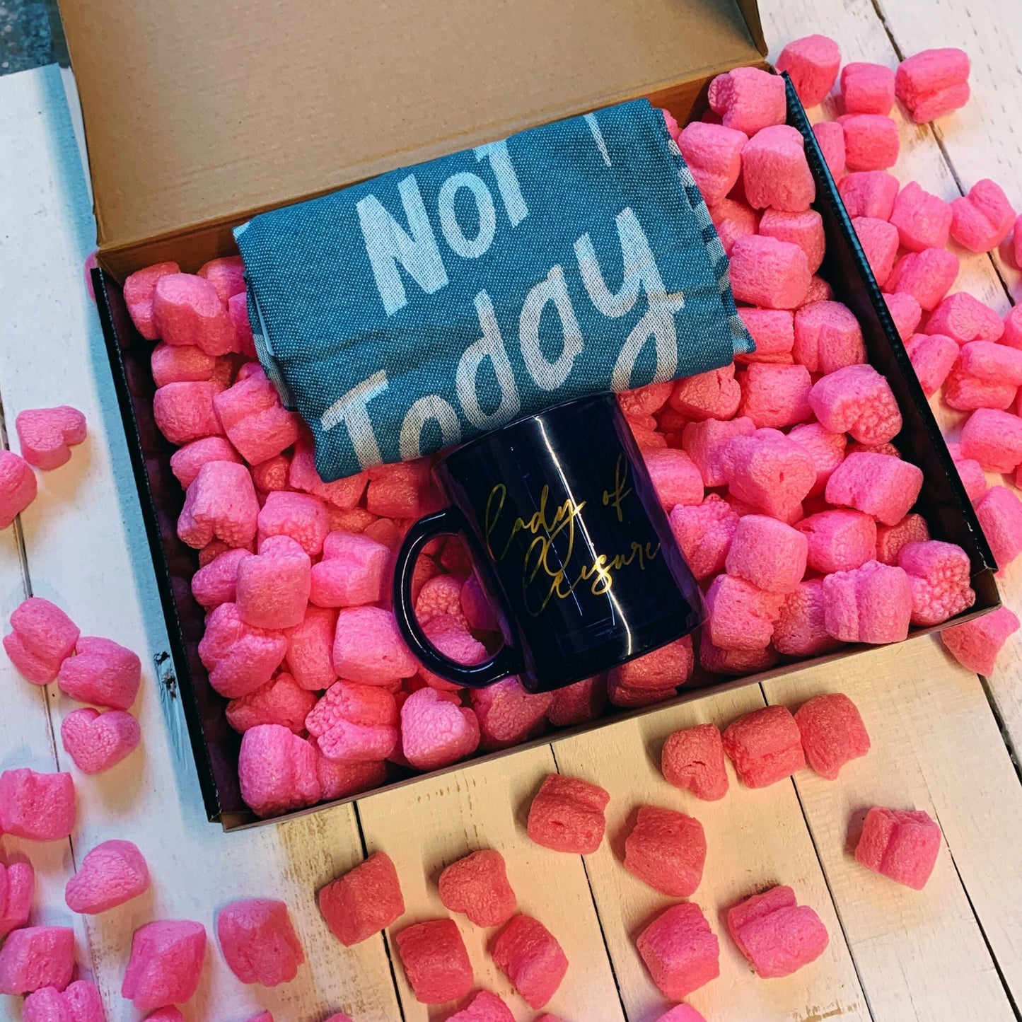 Lady of Leisure Gift Box with Compostable Pink Heart Packing Peanuts