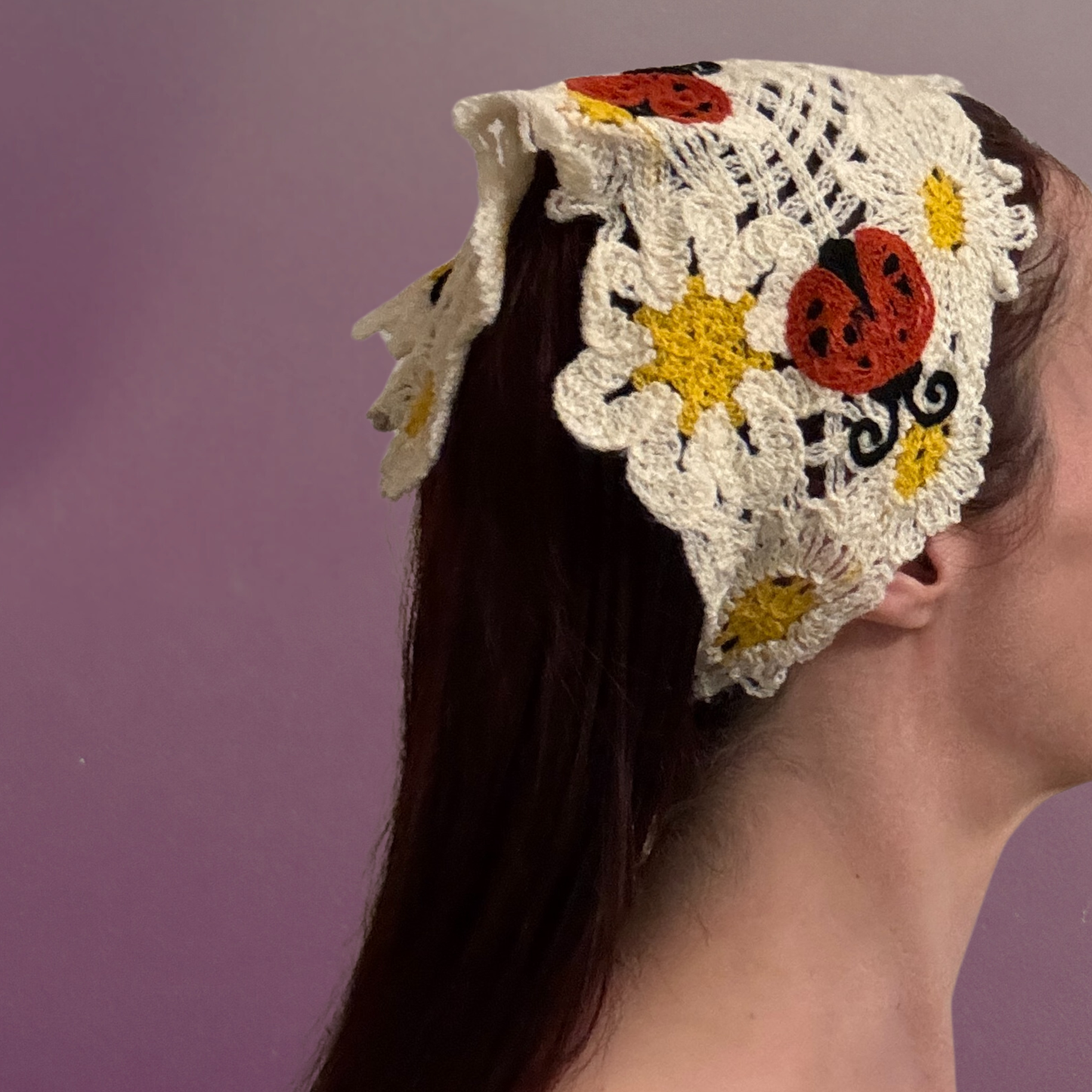 Ladybug Crochet Kerchief | Knit Tie Boho Headscarf in Cream and Red