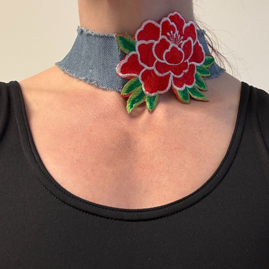 Large Rose Distressed Denim Choker Necklace