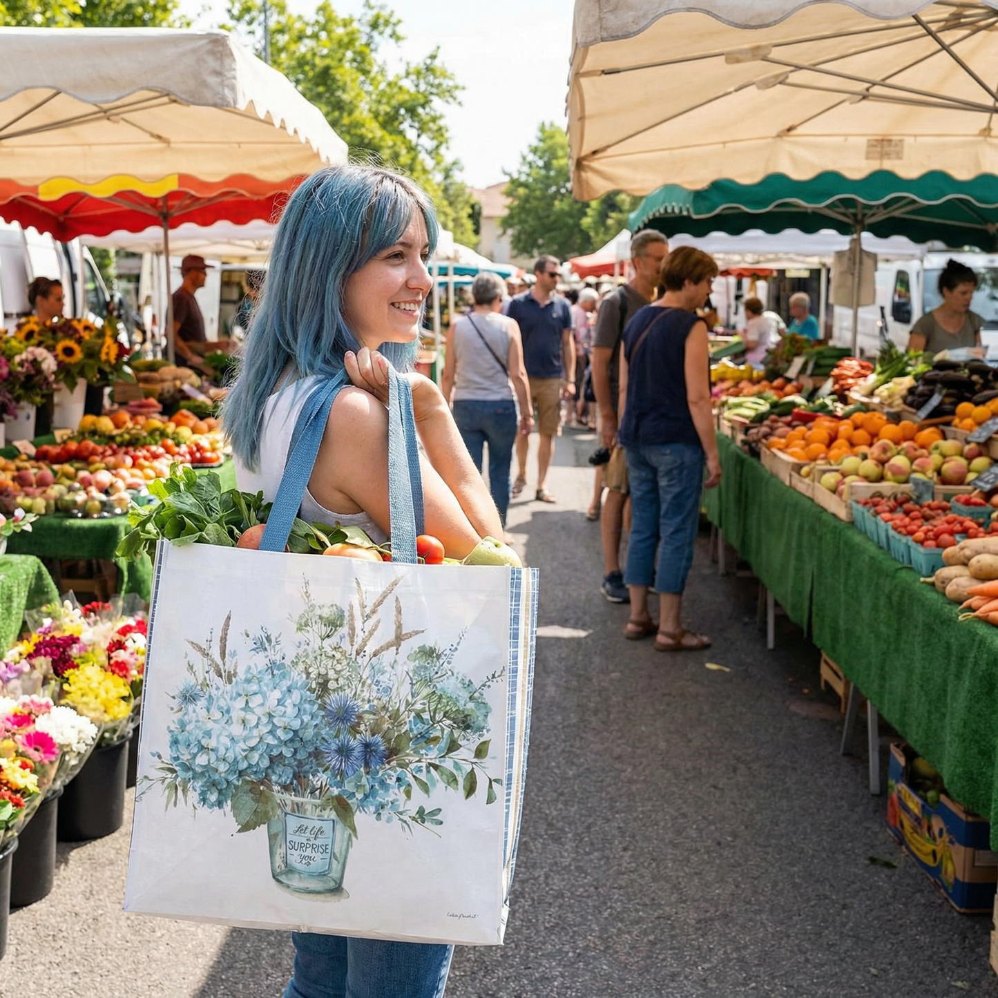 Let Life Surprise You Reusable Market Tote Bag | Blue Floral Inspirational Eco Shopping Bag | 15.25" x 6" x 15.5"