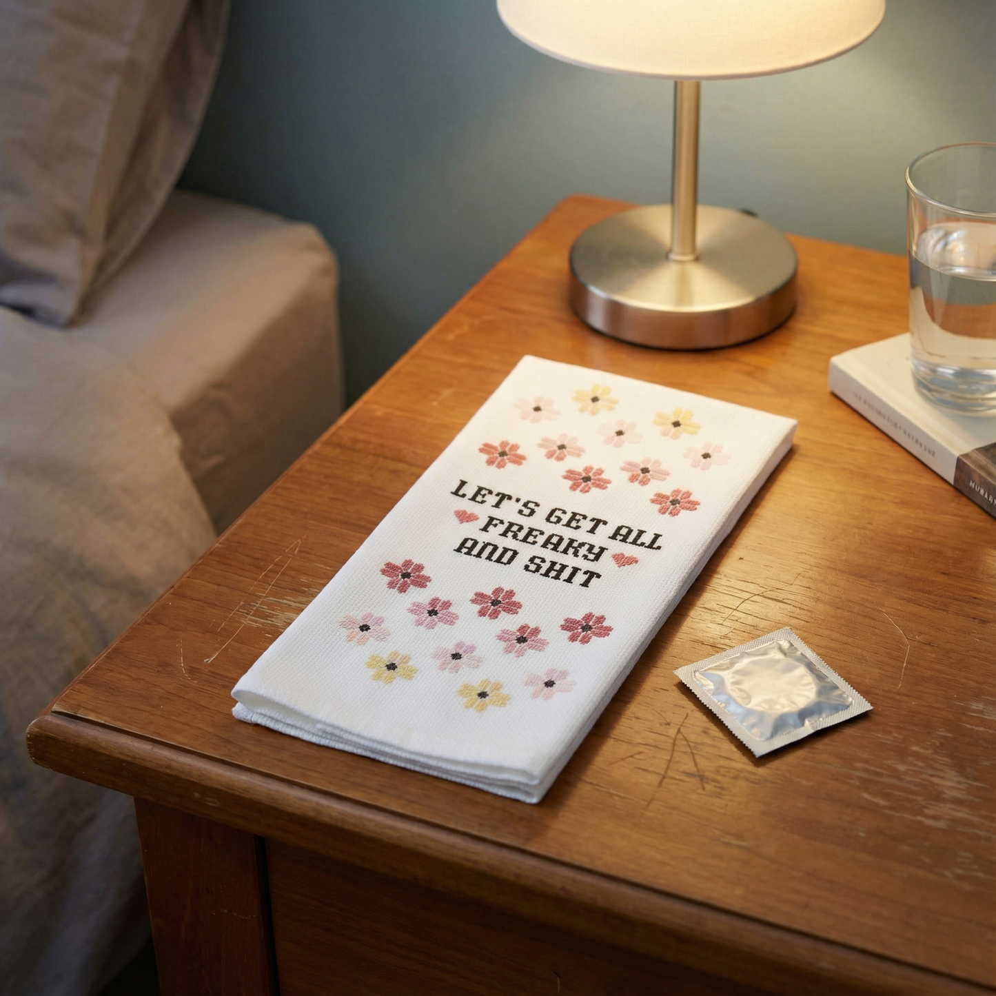 Let's Get All Freaky and Shit Cross-Stitch Print Dishtowel | Hangable Rude Funny Saying Cotton Towel