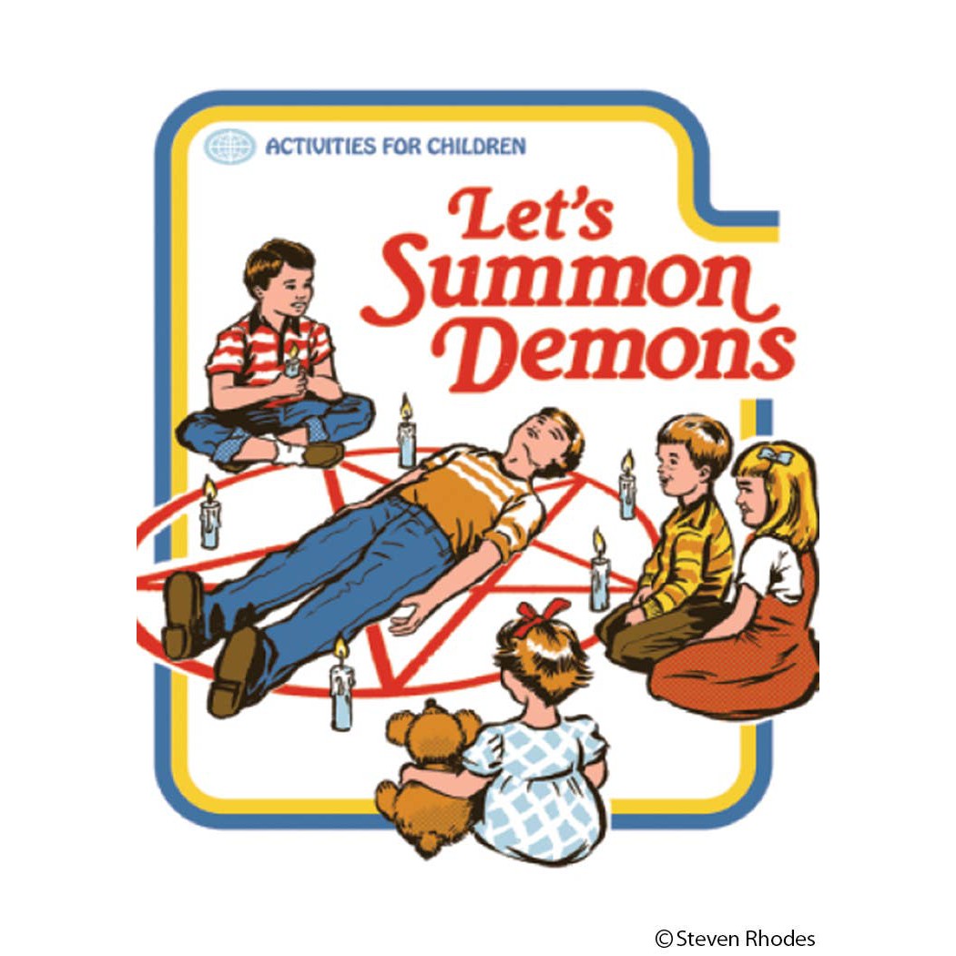 Let's Summon Demons Rectangular Magnet | '80s Children's Book Style Satirical Art by Steven Rhodes