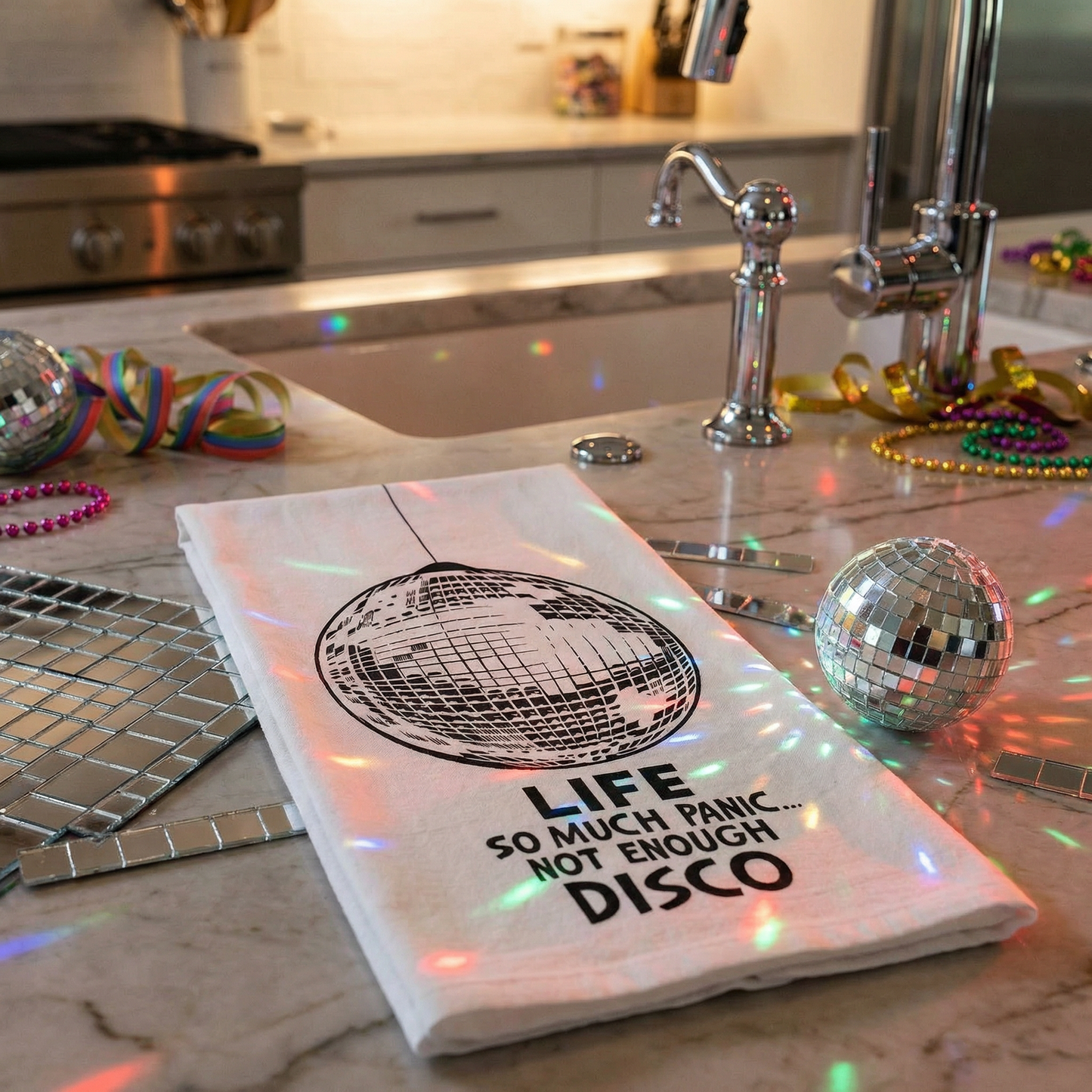 Life So Much Panic…Not Enough Disco Kitchen Towel | Funny Disco Ball Cotton Tea Towel
