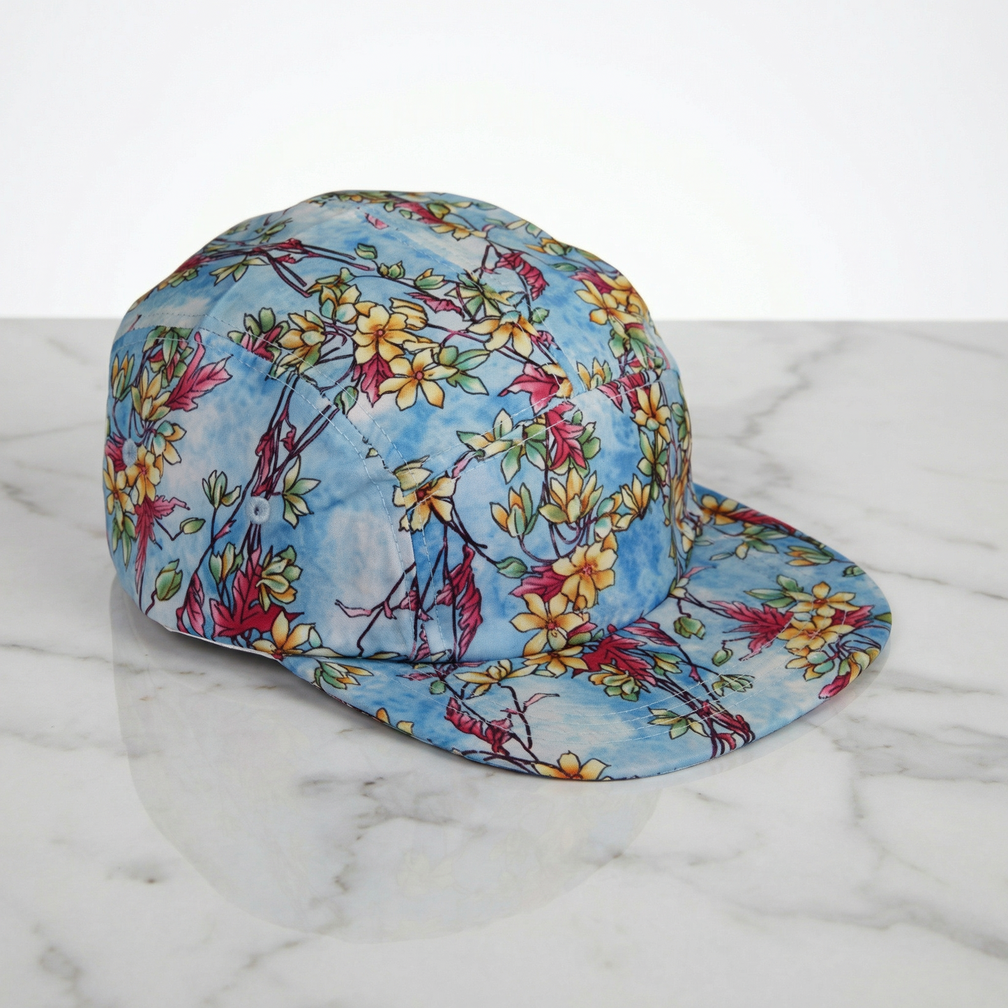 Light Blue Floral 5 Panel Cap | Cotton Blend Adjustable Back Hat