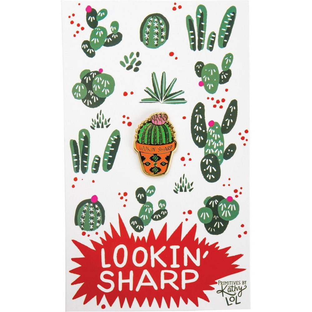 Lookin' Sharp Cactus Enamel Pin on Gift Card