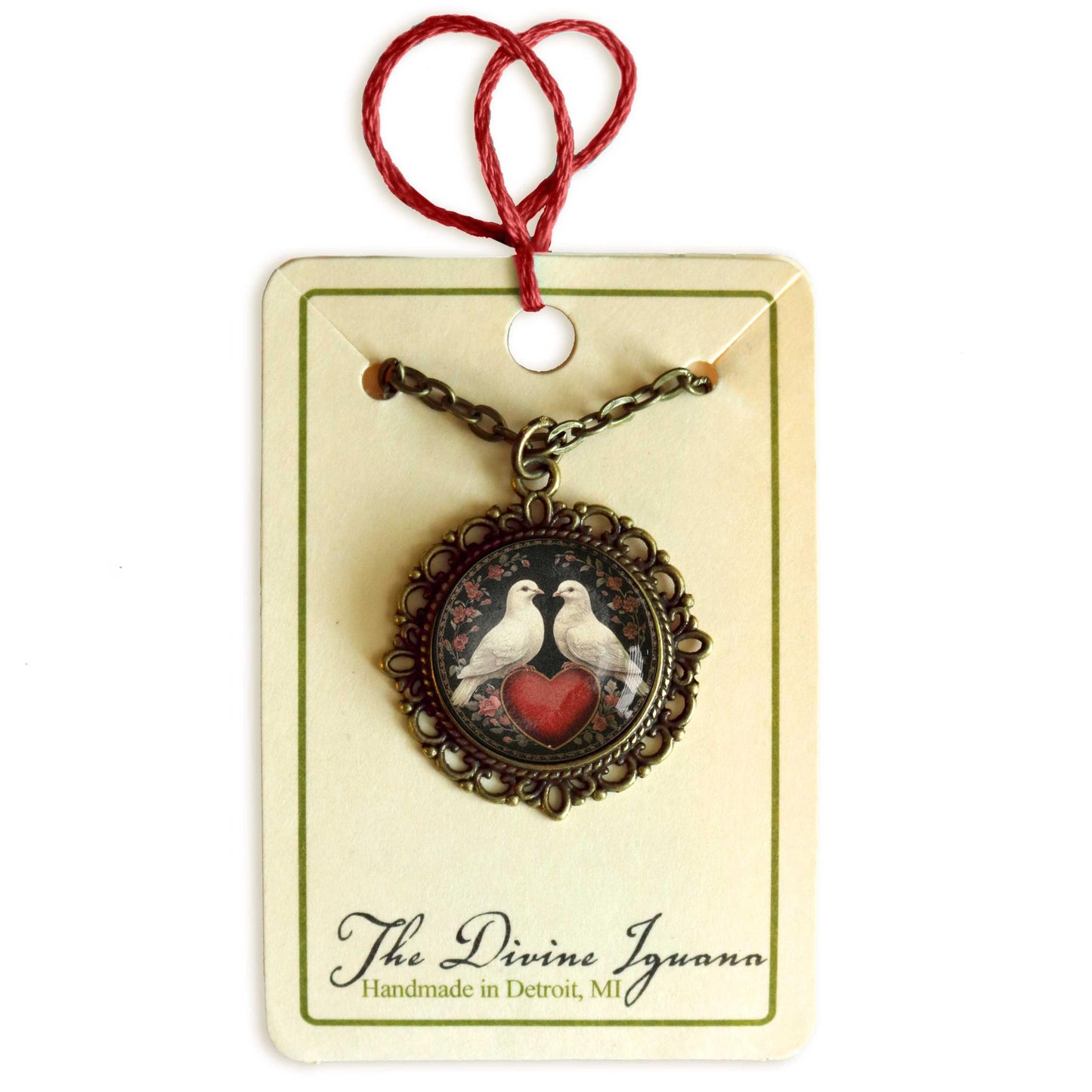 Love Bird Doves Valentine’s Day Pendant Necklace | Vintage Inspired Glass Cabochon, Antiqued Bronze, Handmade Jewelry