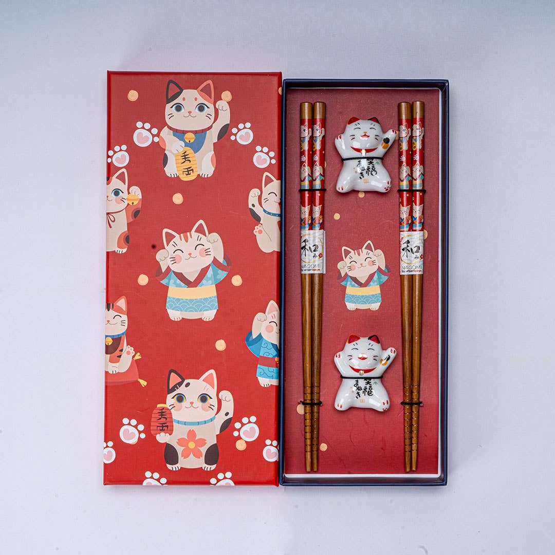 Lucky Cat Neko 2 Pair Chopsticks and Rests Gift Set | Bamboo & Ceramic Japanese Dining Set