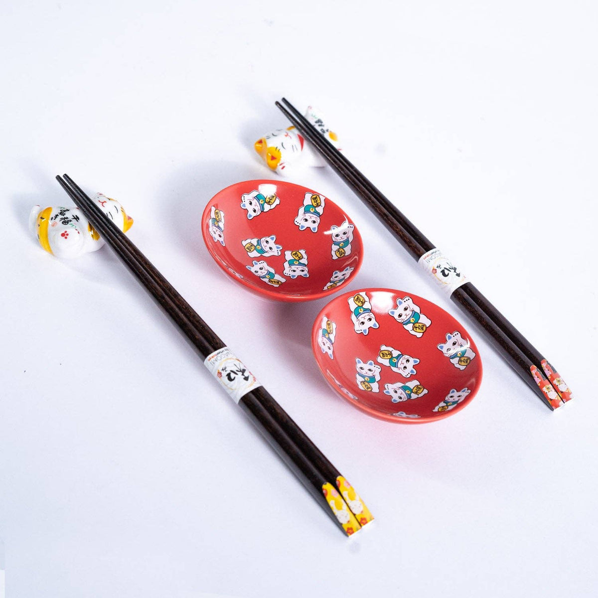 Lucky Cats Chopsticks, Rests and Sauce Dishes Gift Set | 2 Pairs