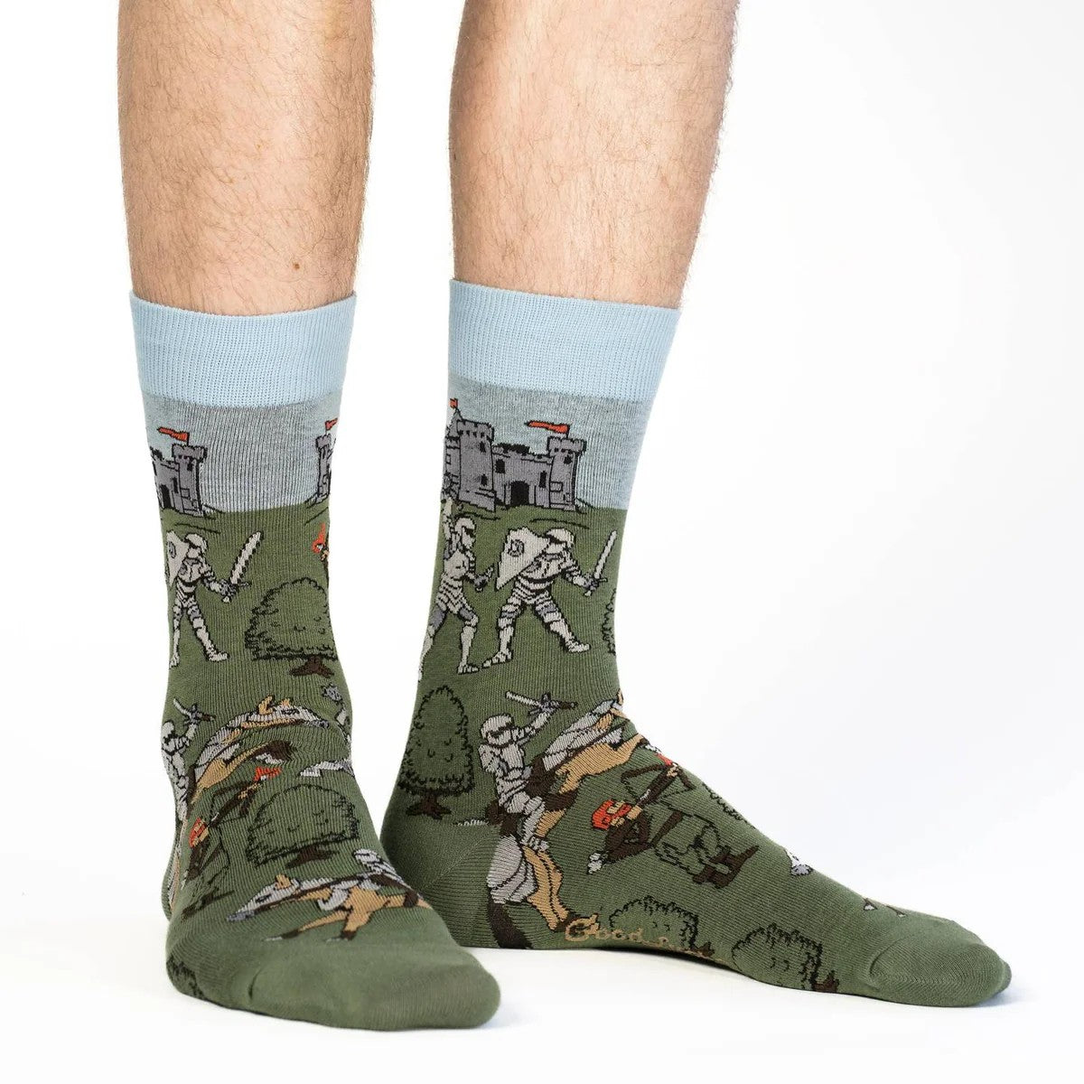 Medieval Knights Men's Green Socks | Fun Battle Scene Crew Socks