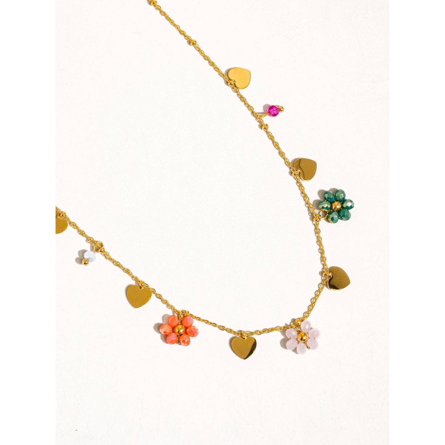 Melvin 18K Gold Non-Tarnish Flower & Hearts Necklace | Stainless Steel Beaded Pendant, Hypoallergenic, Water Resistant