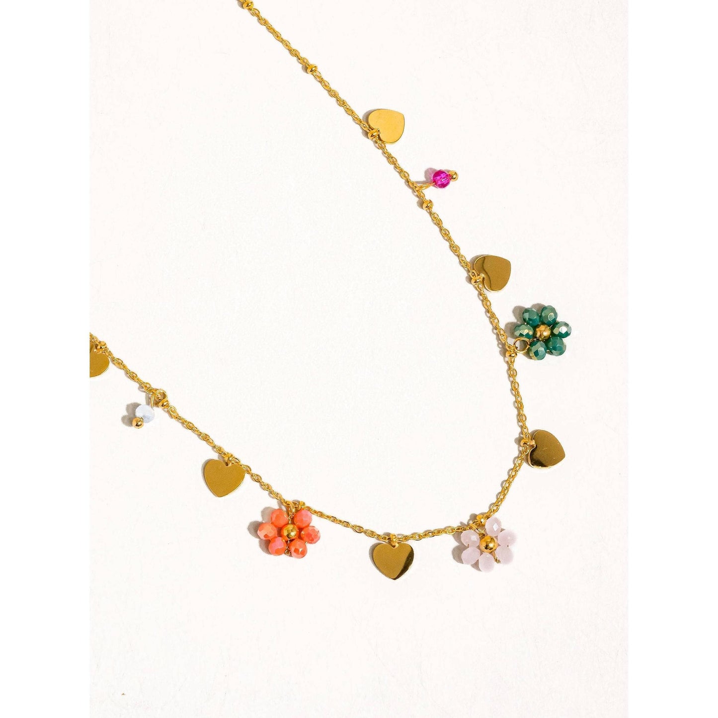 Melvin 18K Gold Non-Tarnish Flower & Hearts Necklace | Stainless Steel Beaded Pendant, Hypoallergenic, Water Resistant