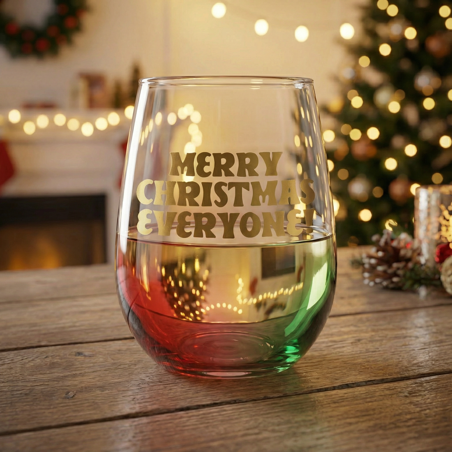 Merry Christmas Everyone Stemless Wine Glass in Multicolored Tinted Glass | Holiday Drinkware